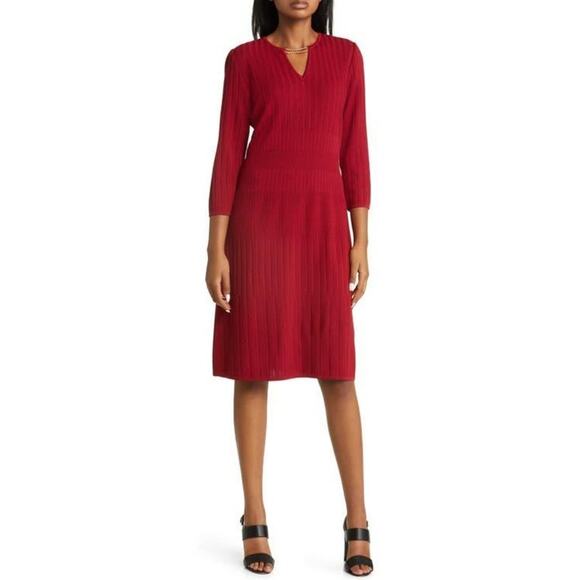 MING WANG Red Knit Gold Chain Neck Ribbed Dress Medium - Picture 1 of 7